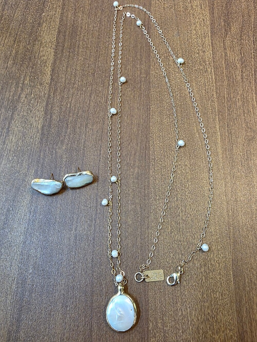 Inbal Mishan Gold Plated Pearl Necklace and Earrings